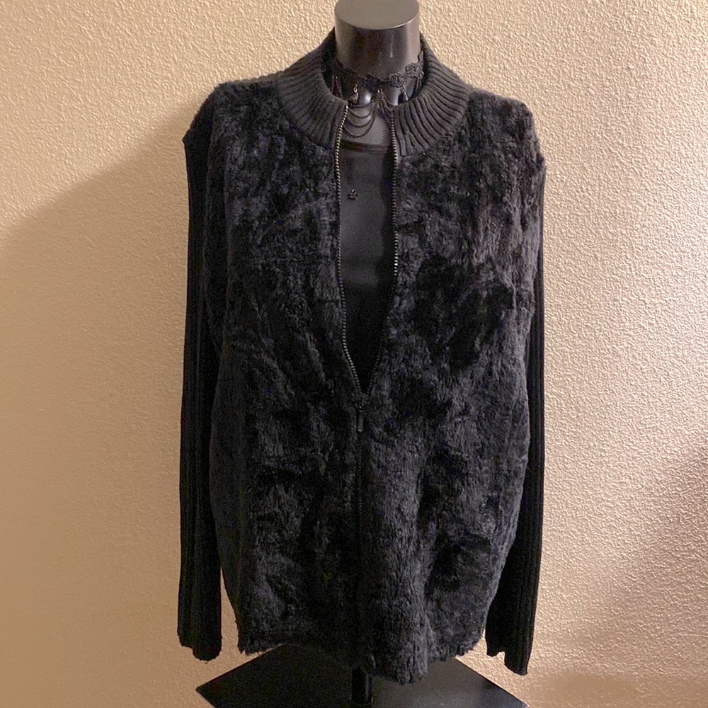 Kathie Lee Collection Black Faux Fur Sweater